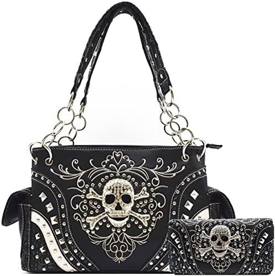 PUNK GOTHIC ROCK METALLIC SKULL DAY OF THE DEAD FLORAL SUGAR SKULL LEATHER PURSE WOMEN HANDBAG SHOULDER BAG WALLET SET