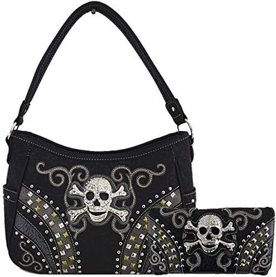 PUNK GOTHIC ROCK METALLIC SKULL DAY OF THE DEAD FLORAL SUGAR SKULL LEATHER PURSE WOMEN HANDBAG SHOULDER BAG WALLET SET