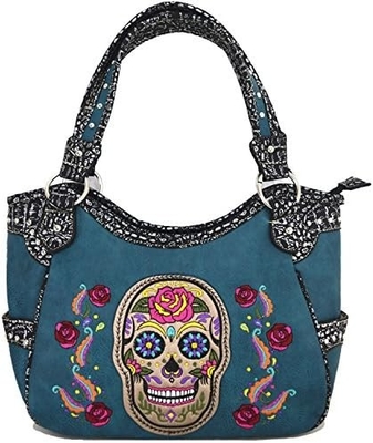 PUNK GOTHIC ROCK METALLIC SKULL DAY OF THE DEAD FLORAL SUGAR SKULL LEATHER PURSE WOMEN HANDBAG SHOULDER BAG WALLET SET
