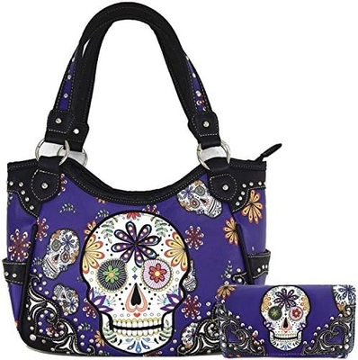 PUNK GOTHIC ROCK METALLIC SKULL DAY OF THE DEAD FLORAL SUGAR SKULL LEATHER PURSE WOMEN HANDBAG SHOULDER BAG WALLET SET