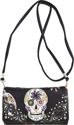 PUNK GOTHIC ROCK METALLIC SKULL DAY OF THE DEAD FLORAL SUGAR SKULL LEATHER PURSE WOMEN HANDBAG SHOULDER BAG WALLET SET