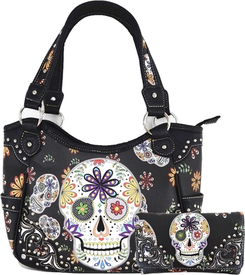 PUNK GOTHIC ROCK METALLIC SKULL DAY OF THE DEAD FLORAL SUGAR SKULL LEATHER PURSE WOMEN HANDBAG SHOULDER BAG WALLET SET