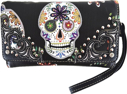 PUNK GOTHIC ROCK METALLIC SKULL DAY OF THE DEAD FLORAL SUGAR SKULL LEATHER PURSE WOMEN HANDBAG SHOULDER BAG WALLET SET