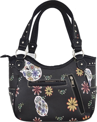 PUNK GOTHIC ROCK METALLIC SKULL DAY OF THE DEAD FLORAL SUGAR SKULL LEATHER PURSE WOMEN HANDBAG SHOULDER BAG WALLET SET