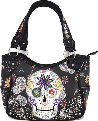 PUNK GOTHIC ROCK METALLIC SKULL DAY OF THE DEAD FLORAL SUGAR SKULL LEATHER PURSE WOMEN HANDBAG SHOULDER BAG WALLET SET