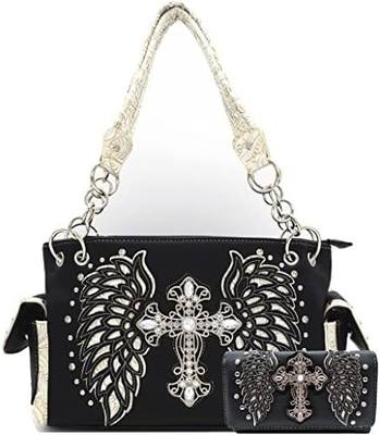 WESTERN STYLE RHINESTONE CROSS STUDDED LASER CUT WINGS TOOLED LEATHER PURSE WOMEN HANDBAGS COUNTRY SHOULDER BAG WALLET S