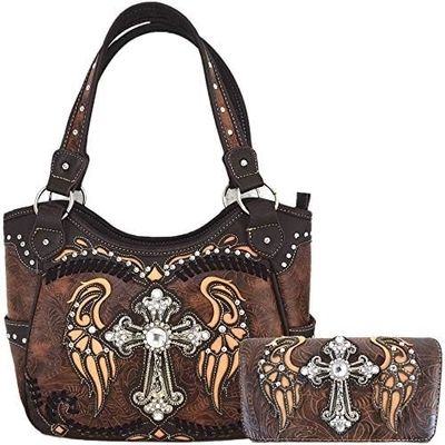 WESTERN STYLE RHINESTONE CROSS STUDDED LASER CUT WINGS TOOLED LEATHER PURSE WOMEN HANDBAGS COUNTRY SHOULDER BAG WALLET S