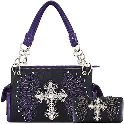 WESTERN STYLE RHINESTONE CROSS STUDDED LASER CUT WINGS TOOLED LEATHER PURSE WOMEN HANDBAGS COUNTRY SHOULDER BAG WALLET S