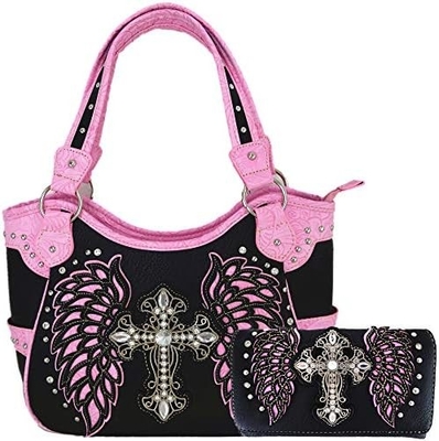 WESTERN STYLE RHINESTONE CROSS STUDDED LASER CUT WINGS TOOLED LEATHER PURSE WOMEN HANDBAGS COUNTRY SHOULDER BAG WALLET S