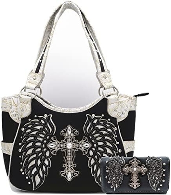 WESTERN STYLE RHINESTONE CROSS STUDDED LASER CUT WINGS TOOLED LEATHER PURSE WOMEN HANDBAGS COUNTRY SHOULDER BAG WALLET S