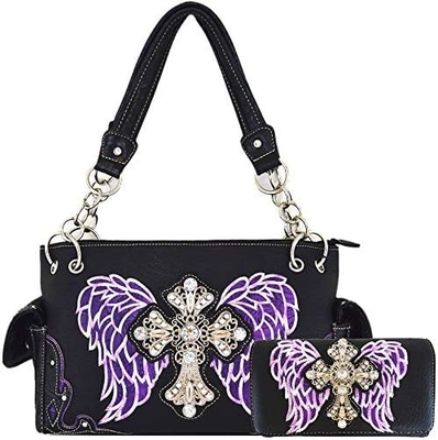 WESTERN STYLE RHINESTONE CROSS STUDDED LASER CUT WINGS TOOLED LEATHER PURSE WOMEN HANDBAGS COUNTRY SHOULDER BAG WALLET S