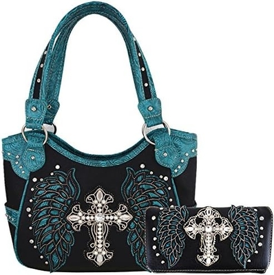 WESTERN STYLE RHINESTONE CROSS STUDDED LASER CUT WINGS TOOLED LEATHER PURSE WOMEN HANDBAGS COUNTRY SHOULDER BAG WALLET S