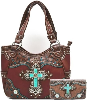 WESTERN STYLE RHINESTONE CROSS STUDDED LASER CUT WINGS TOOLED LEATHER PURSE WOMEN HANDBAGS COUNTRY SHOULDER BAG WALLET S