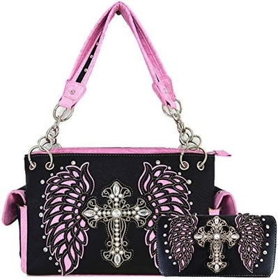 WESTERN STYLE RHINESTONE CROSS STUDDED LASER CUT WINGS TOOLED LEATHER PURSE WOMEN HANDBAGS COUNTRY SHOULDER BAG WALLET S