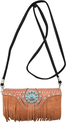 WESTERN STYLE FRINGE CONCHOS GEM RHINESTONE STUDDED BRAIDED LEATHER PURSE COUNTRY HANDBAG WOMEN SHOULDER BAG WALLET SET