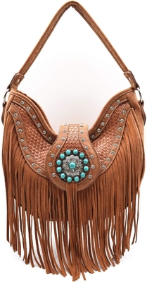 WESTERN STYLE FRINGE CONCHOS GEM RHINESTONE STUDDED BRAIDED LEATHER PURSE COUNTRY HANDBAG WOMEN SHOULDER BAG WALLET SET