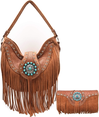 WESTERN STYLE FRINGE CONCHOS GEM RHINESTONE STUDDED BRAIDED LEATHER PURSE COUNTRY HANDBAG WOMEN SHOULDER BAG WALLET SET