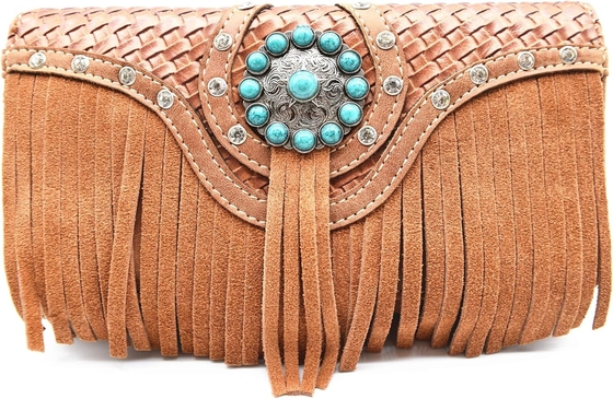 WESTERN STYLE FRINGE CONCHOS GEM RHINESTONE STUDDED BRAIDED LEATHER PURSE COUNTRY HANDBAG WOMEN SHOULDER BAG WALLET SET