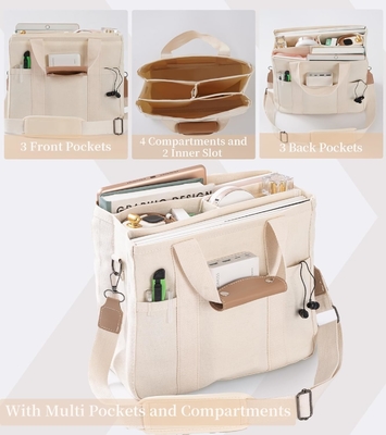 Canvas Tote Bag with Multi Pockets Crossbody Tote Bag for Women Trendy Shoulder Handbag Everything Tote Bag with Compart