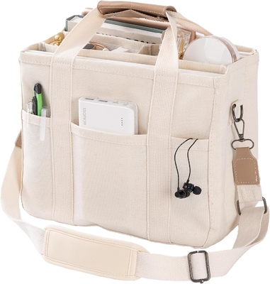 Canvas Tote Bag with Multi Pockets Crossbody Tote Bag for Women Trendy Shoulder Handbag Everything Tote Bag with Compart