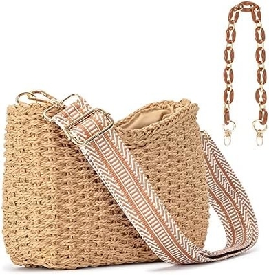 HERALD SMALL HANDMADE STRAW POCKETBOOK CROSSBODY BAG FOR WOMEN, SUMMER CHIC WOVEN HANDBAG SHOULDER PURSE WITH CHAIN