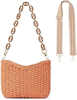 HERALD SMALL HANDMADE STRAW POCKETBOOK CROSSBODY BAG FOR WOMEN, SUMMER CHIC WOVEN HANDBAG SHOULDER PURSE WITH CHAIN