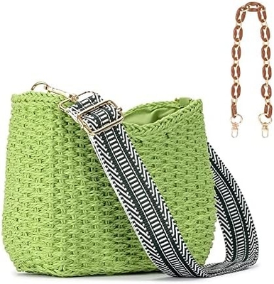HERALD SMALL HANDMADE STRAW POCKETBOOK CROSSBODY BAG FOR WOMEN, SUMMER CHIC WOVEN HANDBAG SHOULDER PURSE WITH CHAIN