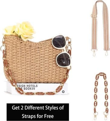 HERALD SMALL HANDMADE STRAW POCKETBOOK CROSSBODY BAG FOR WOMEN, SUMMER CHIC WOVEN HANDBAG SHOULDER PURSE WITH CHAIN