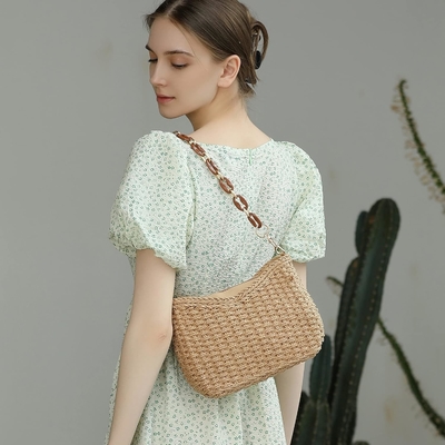 HERALD SMALL HANDMADE STRAW POCKETBOOK CROSSBODY BAG FOR WOMEN, SUMMER CHIC WOVEN HANDBAG SHOULDER PURSE WITH CHAIN