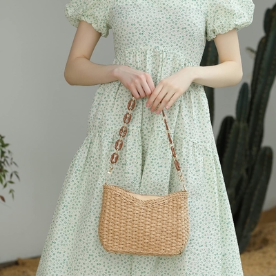 HERALD SMALL HANDMADE STRAW POCKETBOOK CROSSBODY BAG FOR WOMEN, SUMMER CHIC WOVEN HANDBAG SHOULDER PURSE WITH CHAIN