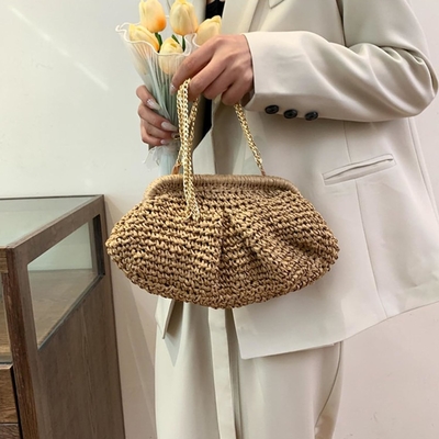 BEACH CHIC WOMEN'S RAFFIA STRAW DUMPLING CLUTCH STYLISH SUMMER VACATION CROSSBODY BAG RATTAN PURSE