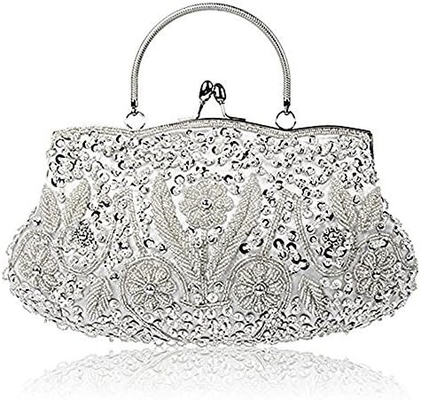 TMORE BEADED SEQUIN DESIGN FLOWER EVENING PURSE LARGE CLUTCH BAG
