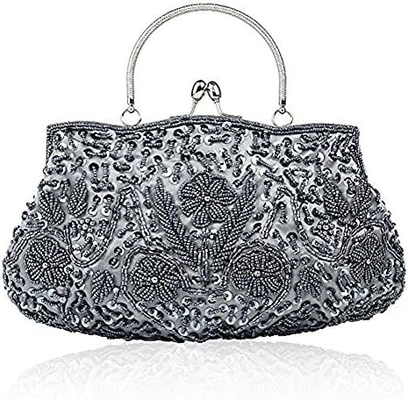 TMORE BEADED SEQUIN DESIGN FLOWER EVENING PURSE LARGE CLUTCH BAG