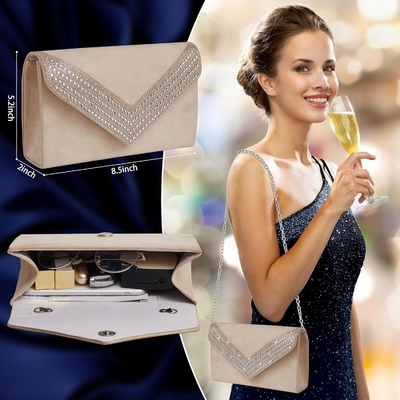 CLUTCH PURSE FOR WOMEN RHINESTONE BLING EVENING BAGS HANDBAGS FOR WEDDING PARTY PROM FAUX SUEDE ENVELOPE SHOULDER BAG
