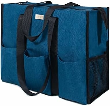 TOPDESIGN UTILITY WATER RESISTANT TOTE BAG WITH 13 EXTERIOR &amp; INTERIOR POCKETS, TOP ZIPPER CLOSURE &amp; THICK BOTTOM SUPPOR