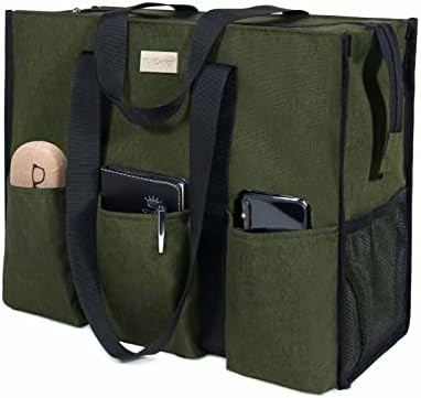 TOPDESIGN UTILITY WATER RESISTANT TOTE BAG WITH 13 EXTERIOR &amp; INTERIOR POCKETS, TOP ZIPPER CLOSURE &amp; THICK BOTTOM SUPPOR