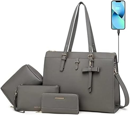 KEYLI 4PC SETS LAPTOP BAG FOR WOMEN LARGE LEATHER LAPTOP BRIEFCASE WITH USB CHARGING PORT COMPUTER SHOULDER TOTE BAGS PU