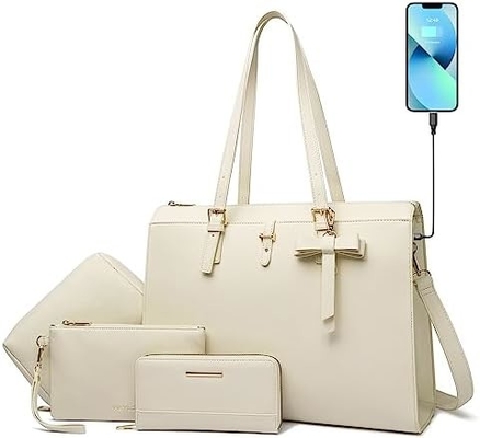 KEYLI 4PC SETS LAPTOP BAG FOR WOMEN LARGE LEATHER LAPTOP BRIEFCASE WITH USB CHARGING PORT COMPUTER SHOULDER TOTE BAGS PU