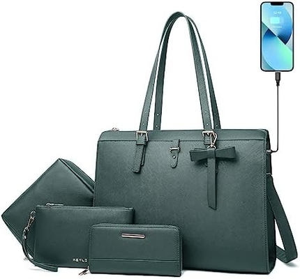KEYLI 4PC SETS LAPTOP BAG FOR WOMEN LARGE LEATHER LAPTOP BRIEFCASE WITH USB CHARGING PORT COMPUTER SHOULDER TOTE BAGS PU