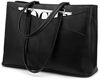 LAPTOP TOTE BAG FOR WOMEN 15.6 INCH WATERPROOF LEATHER COMPUTER BAGS BUSINESS OFFICE WORK BRIEFCASE BLACK