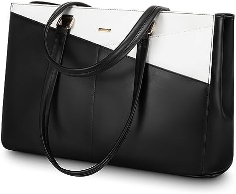 LAPTOP TOTE BAG FOR WOMEN 15.6 INCH WATERPROOF LEATHER COMPUTER BAGS BUSINESS OFFICE WORK BRIEFCASE BLACK