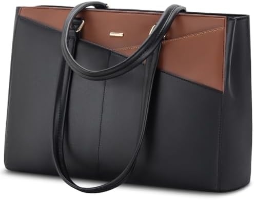 LAPTOP TOTE BAG FOR WOMEN 15.6 INCH WATERPROOF LEATHER COMPUTER BAGS BUSINESS OFFICE WORK BRIEFCASE BLACK