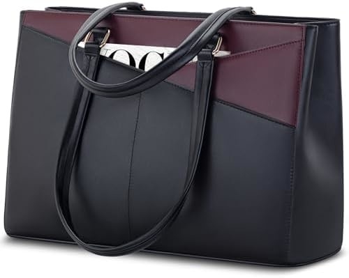 LAPTOP TOTE BAG FOR WOMEN 15.6 INCH WATERPROOF LEATHER COMPUTER BAGS BUSINESS OFFICE WORK BRIEFCASE BLACK