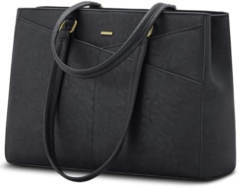 LAPTOP TOTE BAG FOR WOMEN 15.6 INCH WATERPROOF LEATHER COMPUTER BAGS BUSINESS OFFICE WORK BRIEFCASE BLACK