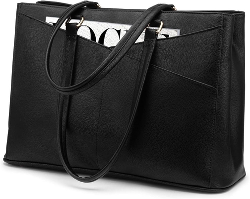 LAPTOP TOTE BAG FOR WOMEN 15.6 INCH WATERPROOF LEATHER COMPUTER BAGS BUSINESS OFFICE WORK BRIEFCASE BLACK