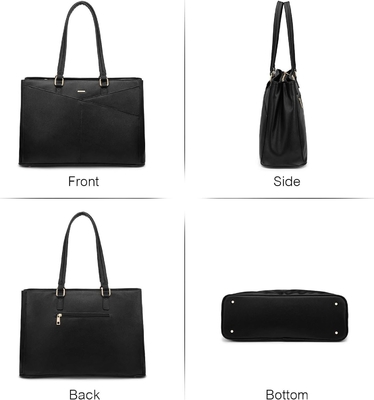 LAPTOP TOTE BAG FOR WOMEN 15.6 INCH WATERPROOF LEATHER COMPUTER BAGS BUSINESS OFFICE WORK BRIEFCASE BLACK