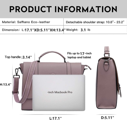 EASEGAVE WOMEN'S 17 INCH LAPTOP BRIEFCASE, VINTAGE PURPLE SAFFIANO ECO-LEATHER, MULTI-COMPARTMENT, 3 LB WEIGHT CAPACITY