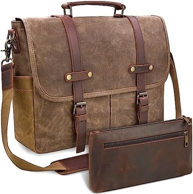MENS MESSENGER BAG 15.6 INCH WATERPROOF VINTAGE GENUINE LEATHER WAXED CANVAS BRIEFCASE LARGE SATCHEL SHOULDER BAG