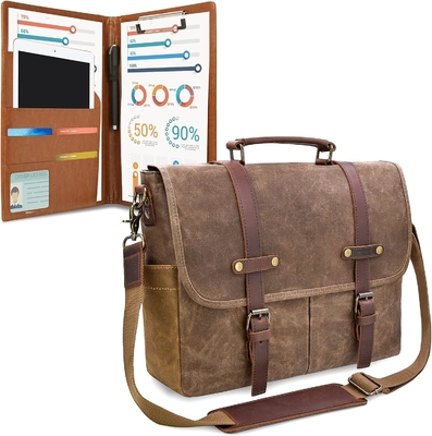 MENS MESSENGER BAG 15.6 INCH WATERPROOF VINTAGE GENUINE LEATHER WAXED CANVAS BRIEFCASE LARGE SATCHEL SHOULDER BAG
