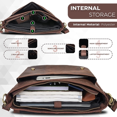 OAK LEATHERS LEATHER MESSENGER BAG FOR MEN AND WOMEN - LAPTOP BRIEFCASE BAG FOR COLLEGE, OFFICE, ADJUSTABLE SHOULDER